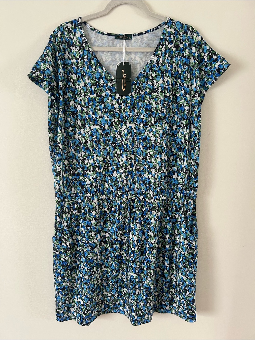Blue and Green Floral V-Neck Tunic Dress